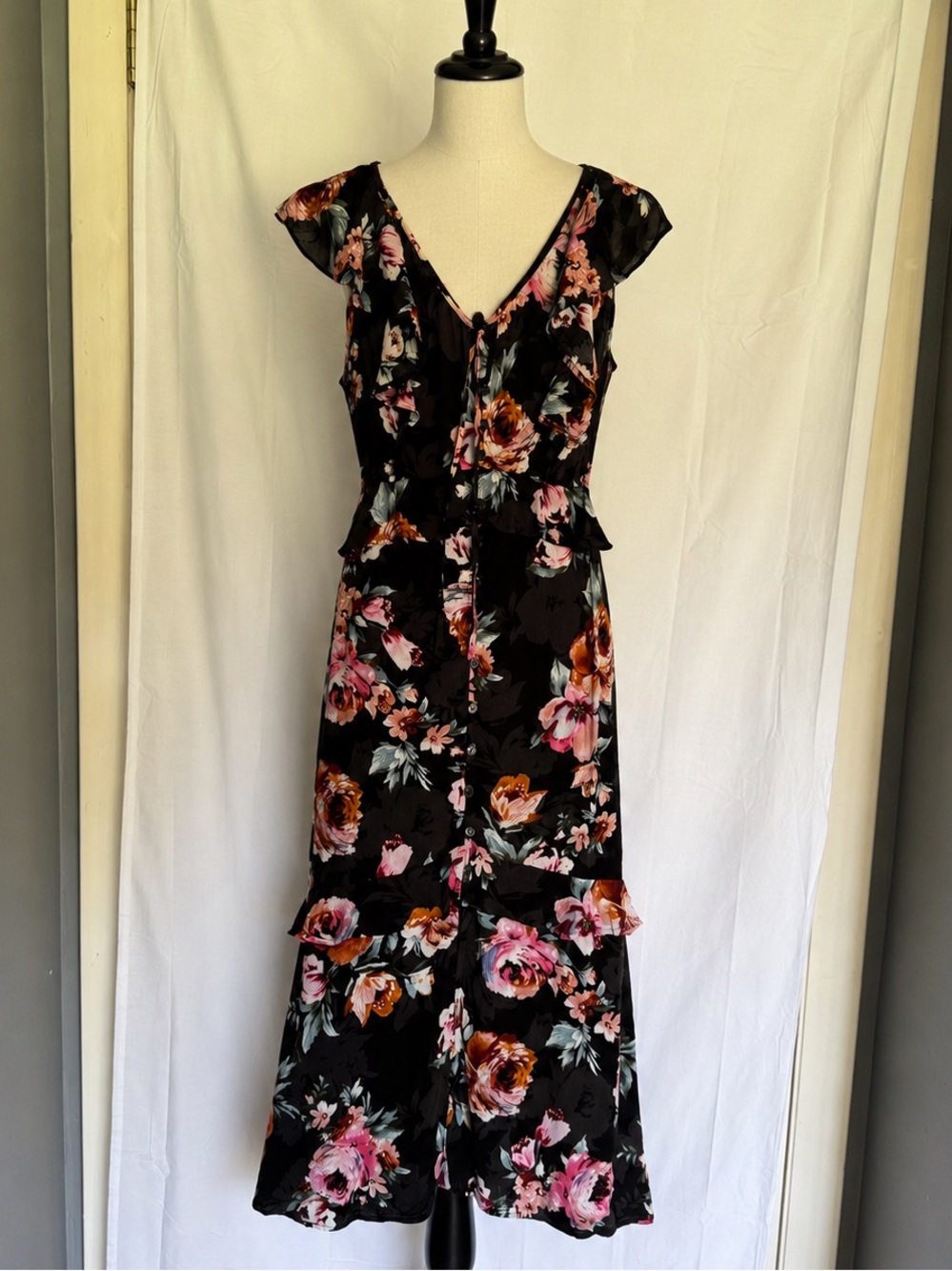 Floral Midi Dress Black Pink Ruffle Button Front Cottagecore Boho Dress Size M
